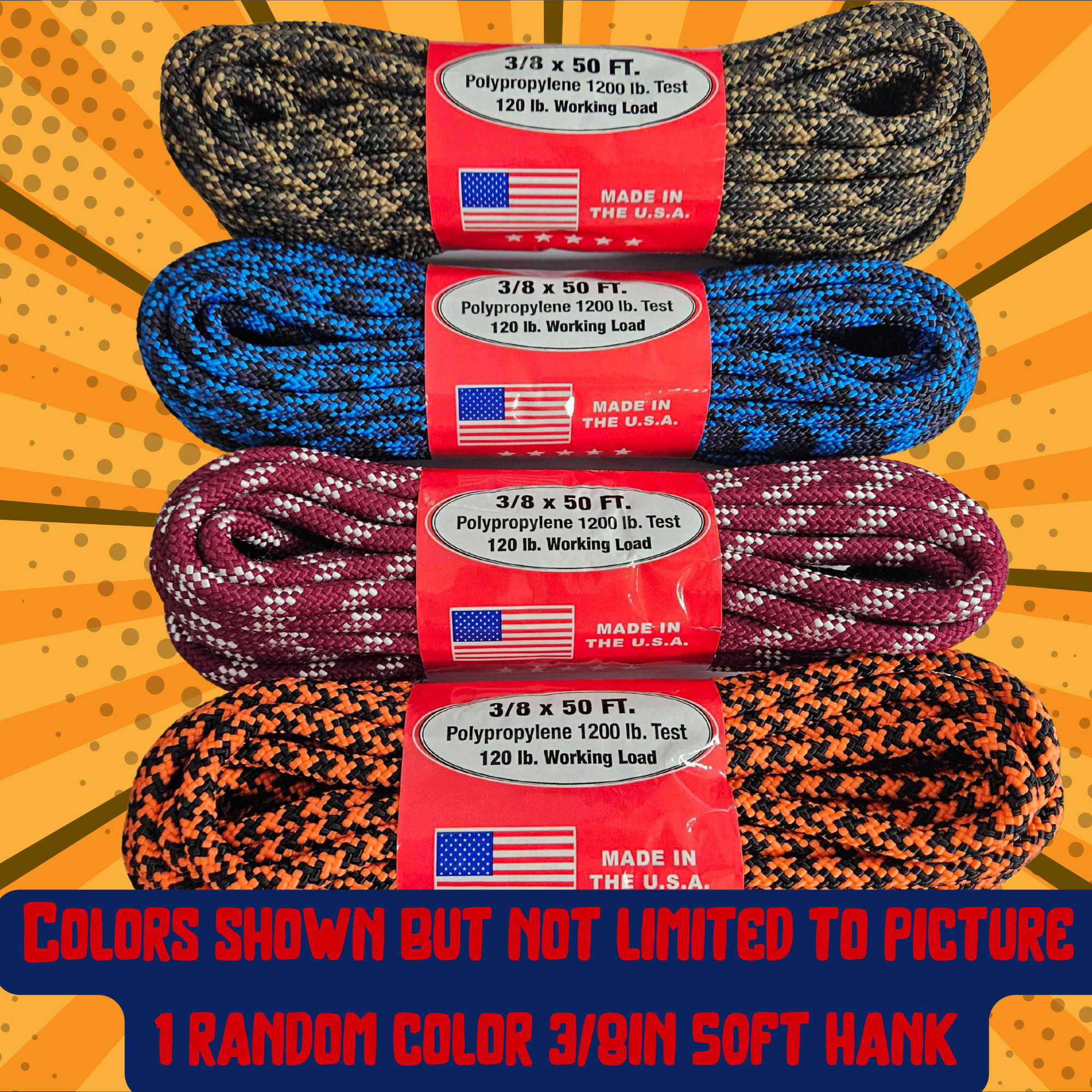 3/8&quot; UTILITY ROPE - MYSTERY COLOR (50FT HANK)